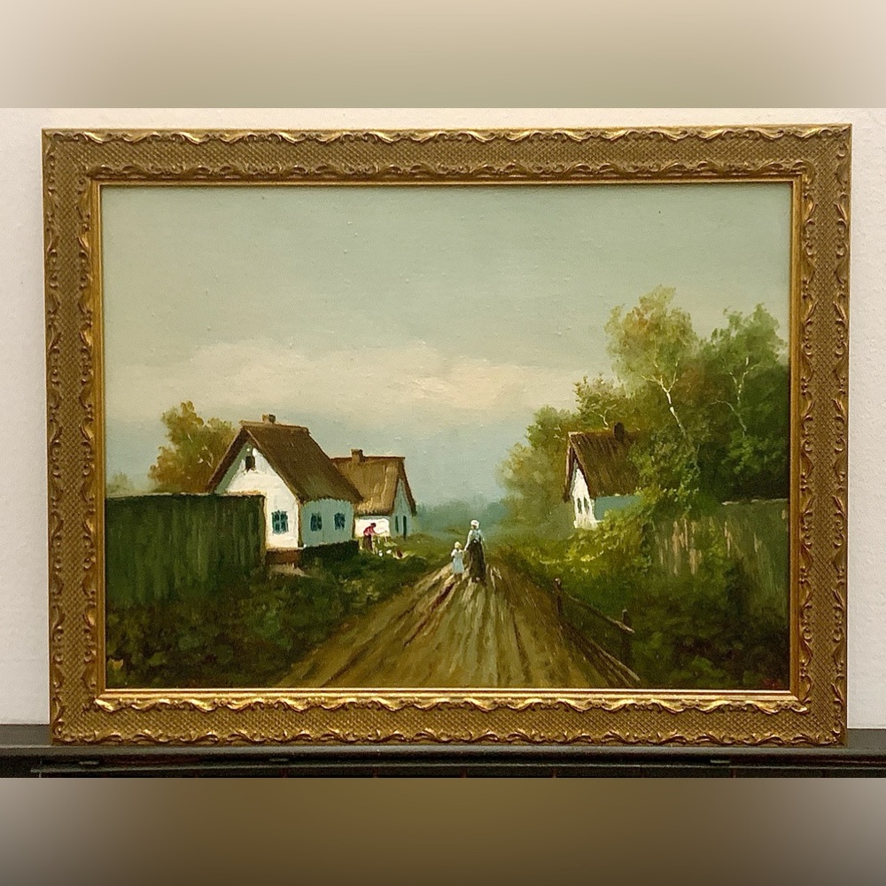 Early Mid Century Framed Oil on Canvas Signed French Country Cottage Painting